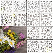 12 Set Stencils for Painting on Wood Reusable Flower Stencils Painting Crafts
