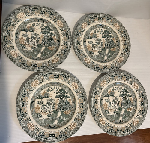 Royal Stafford Dinner Plates 11in Green & Gold Willow Pagoda Set of 4 MINT COND