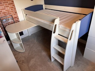Stompa Uno S Mid Sleeper single bed with pull out desk mattress white & blue