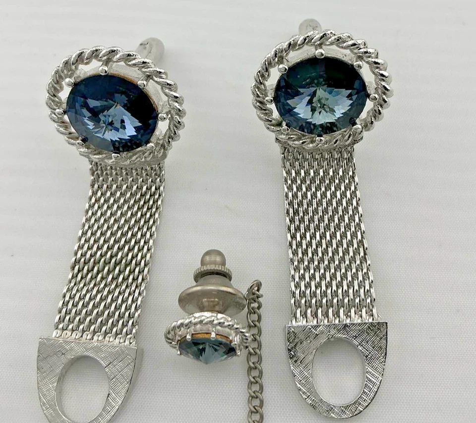 Juego de gemelos y corbatas vintage de malla de cristal azul Dante Foto 2 de 3