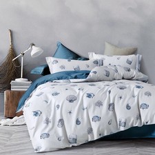 100 Washed Cotton Duvet Cover - Nautical Coastal Bedding Set Seashell Printe...