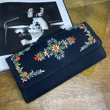 Vintage Clutch Purse Black Satin Floral Embroidered Evening Bag 1950s 1960s