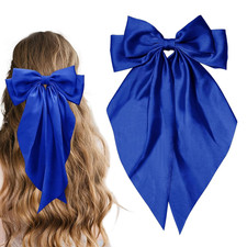 Oversized Satin Hair Bow Clip Royal Blue Girls Women Long Ribbon Hair Accessory