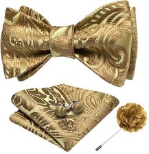 Mens Bow Tie Set with Lapel Pin Brooch Silk Self Tie Bowtie Handkerchief Gold