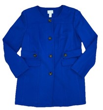 Chico's Women's Blue Long Blazer Jacket Size 1 Round Neck Button Front Office