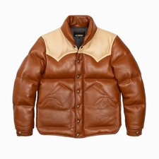 Handmade Western Lambskin Leather Puffer Jacket | Tan Down Coat, Cowboy Style