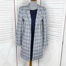 Carolina Belle Jacket Women Sz Small Blue Plaid Long Blazer Open Glen Check Top