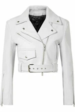 NOORA Women's Lambskin White Leather Crop Biker Jacket Bolero Shrug Style Jacket