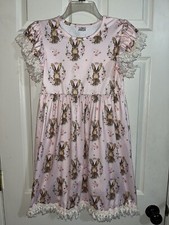 Little girls Easter bunny dress , pink , lace trim and fringe , 5xl , boutique