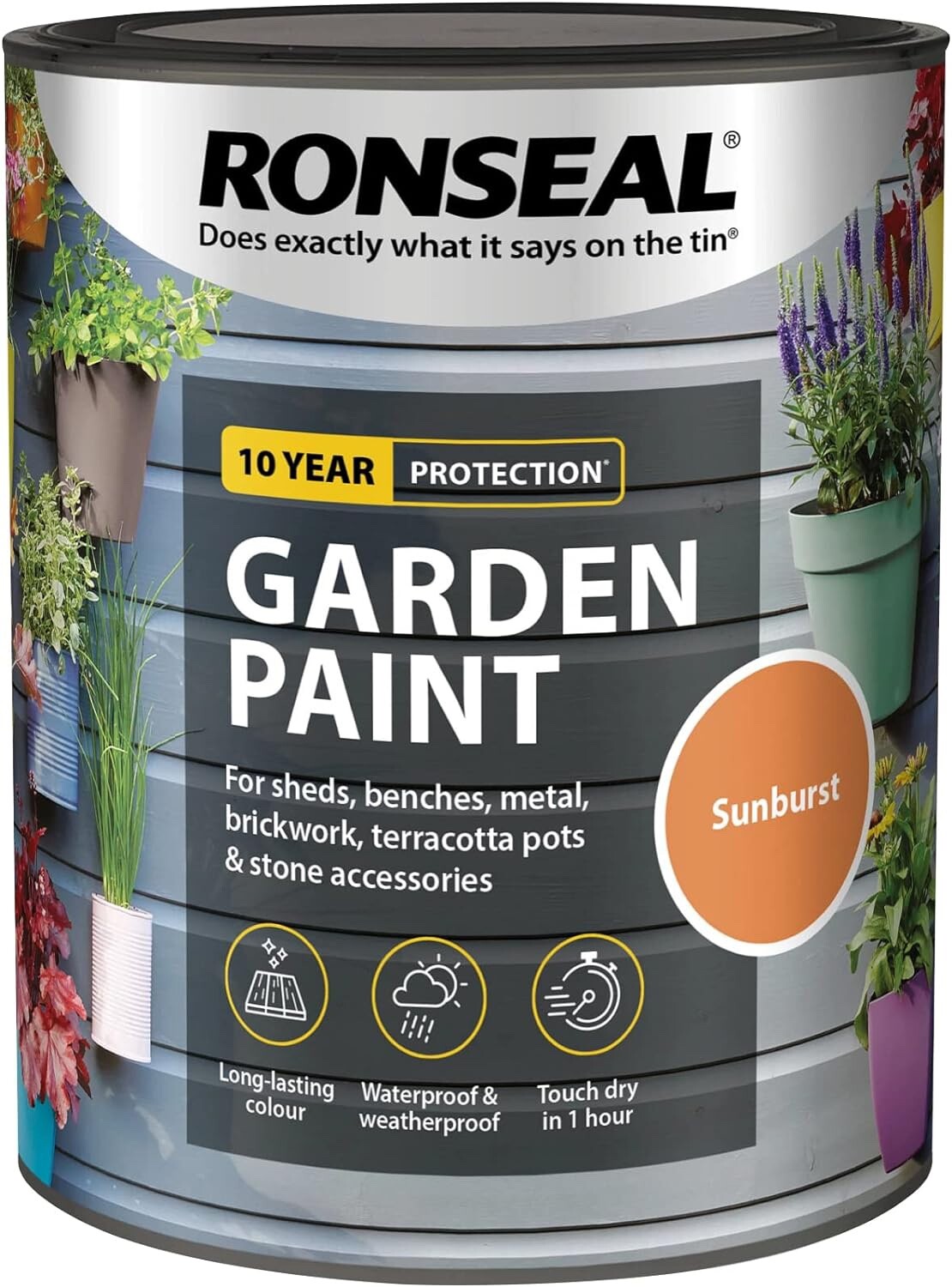 Ronseal Garden Paint Metal Wood Brick Stone Shed Furniture Pots 750ml - Sunburst
