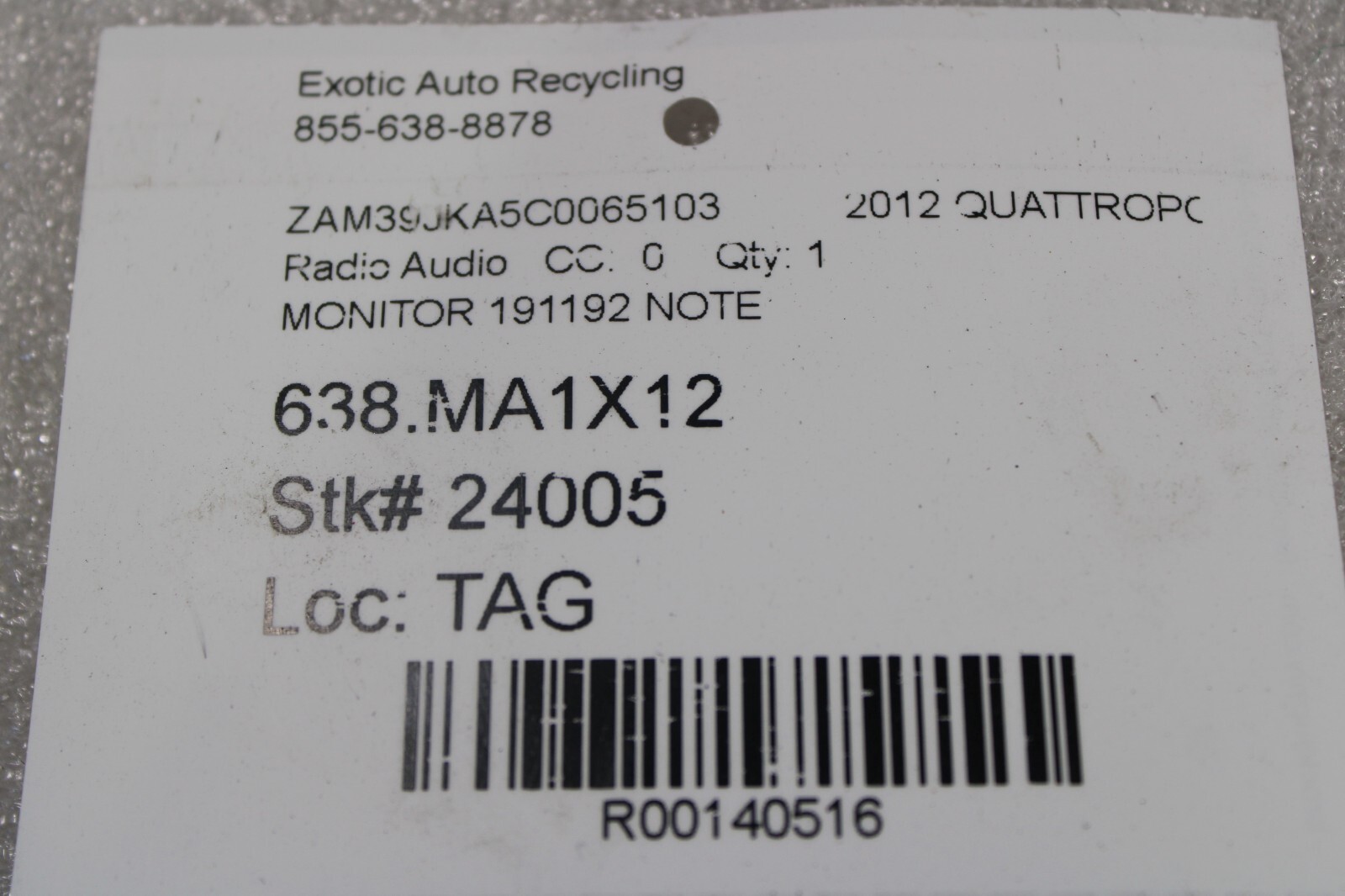 Maserati Quattroporte,  Info / GPS / Radio Screen, Dmg, Used, P/N 191192