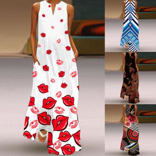 Women Summer Casual Sleeveless Print V Neck Maxi Dress Boho Beach Long Sundress