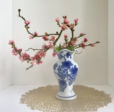 Bonsai Planter with Artificial Red Cherry Blossoms in a Blue and White Asian Por