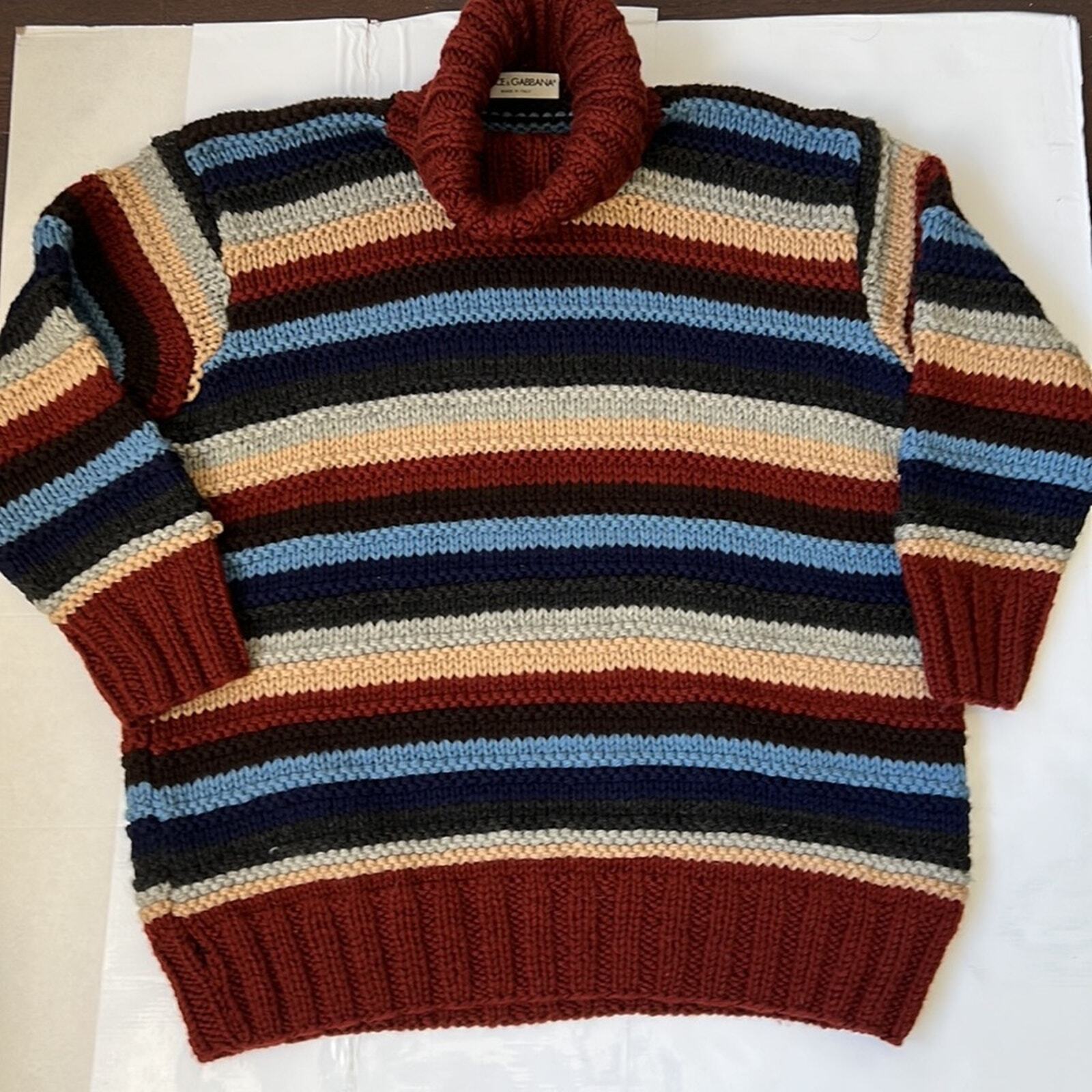 Dolce & Gabbana, Men’s XL, Super Chunky Knit Turtle Neck Striped Wool Turtleneck image 3