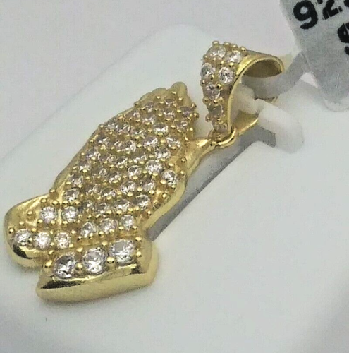 Ciondolo BLING .925 ARGENTO STERLING ZIRCONI mani di preghiera placcato ORO 30x14 mm - Foto 7 di 15