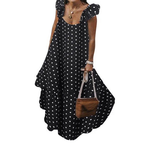 Abito lungo donna smanicato prendisole donna bohemien a pois maxi dress - Foto 4 di 18