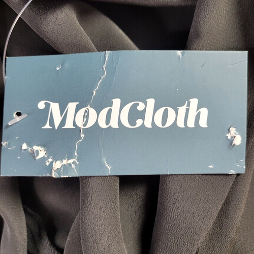 Modcloth Fit N Flare Dress Women Size 12 Black Pleated Tie Neck Seam Pocket New - Picture 5 of 13