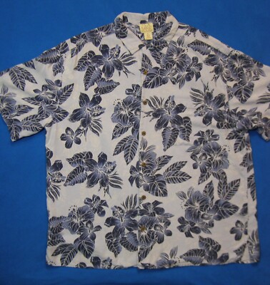 Jos. A. Bank Hawaiian-Style Aloha Shirt Blue Flowers on Blue&White Silk Size XL