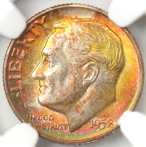 1958-D Roosevelt Dime 10C Rainbow Coin - NGC MS68+ FT (Plus Grade) - Top Pop 2/0