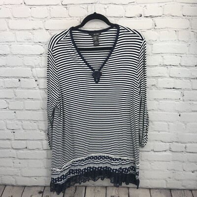 Ali Miles Top Womens Extra Large Blue Stripe Tunic 3/4 Sleeve V-Neck Casual