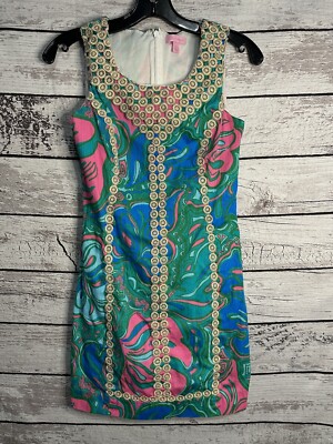 Lilly Pulitzer Macfarlane Gold Lace Multi Lilly Lounge Small Shift Dress  Size