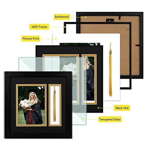 Shadow Box Frame Tassel Double Mat Square Wall Mount Real Glass Graduation Theme - Picture 7 of 13