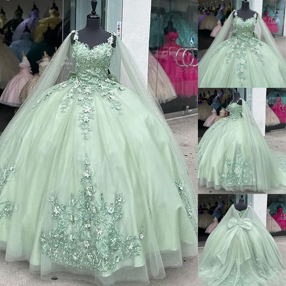 Green Quinceanera Dresses For Sweet 16 Girls Princess Ball Gowns With Cape main image 1