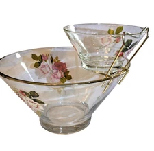 Vintage West Virginia Glass Co Chip & Dip Set With Pink Rose Transfers