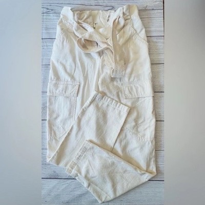 H&M Women's Cargo Pants Size 4 Cream High Rise Cotton Belted Utility Pockets
