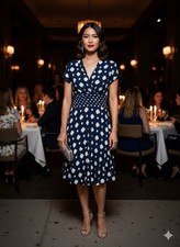 Navy White Geometric Print Fit  Flare V-Neck Cap Sleeve Knee Length Dress