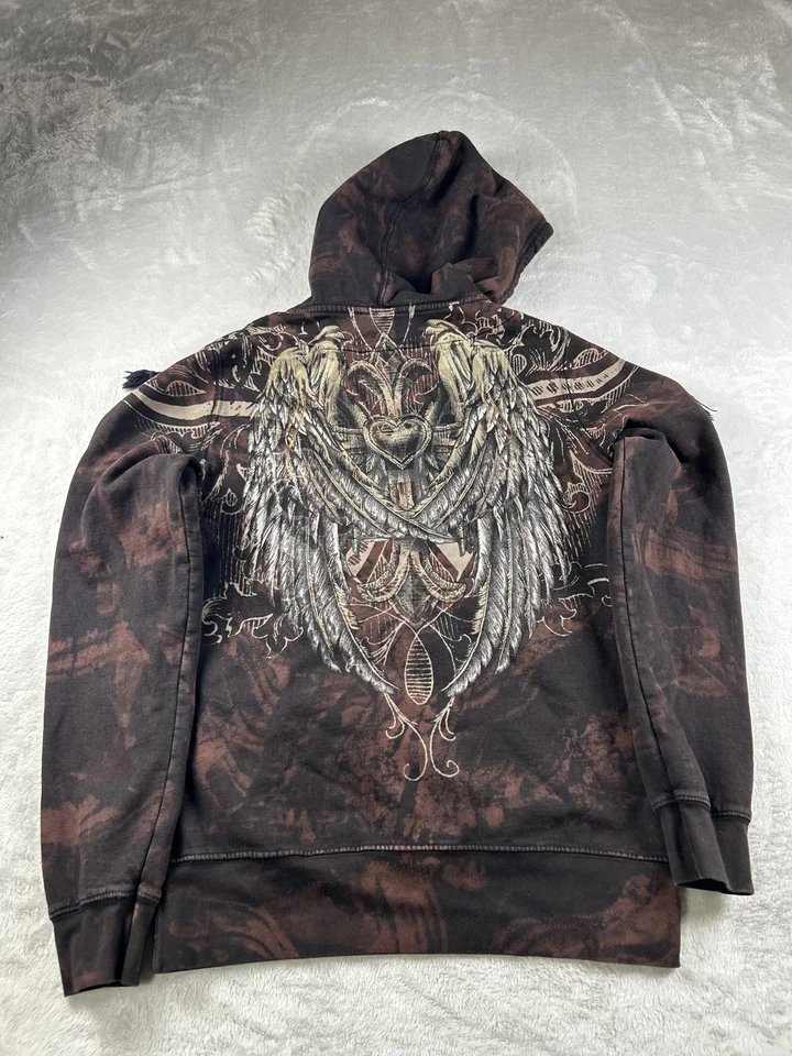 Sinful Hoodie Womens XL Y2K Brown Graphic Wings Cross Pullover USA Fitted - Image 2 of 4