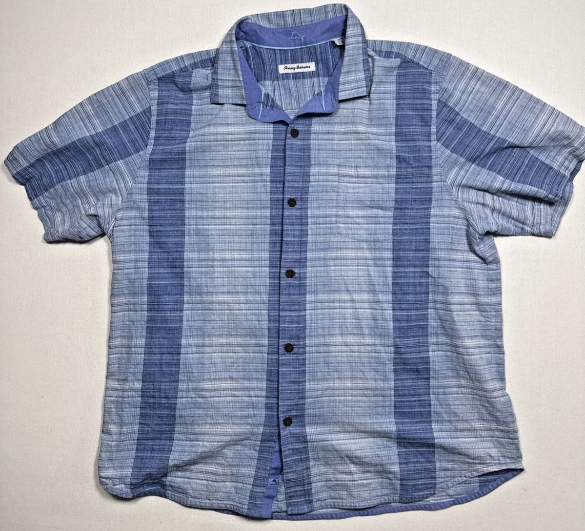 Tommy Bahama Shirt Mens 2XL Blue Silk Blend Short Sleeve Wood Button XXL
