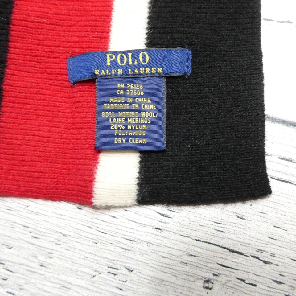 Polo Ralph Lauren Bufanda Para Hombre Talla Única Negro Rojo Blanco Lana Merino Tejido a Rayas Foto 4 de 4