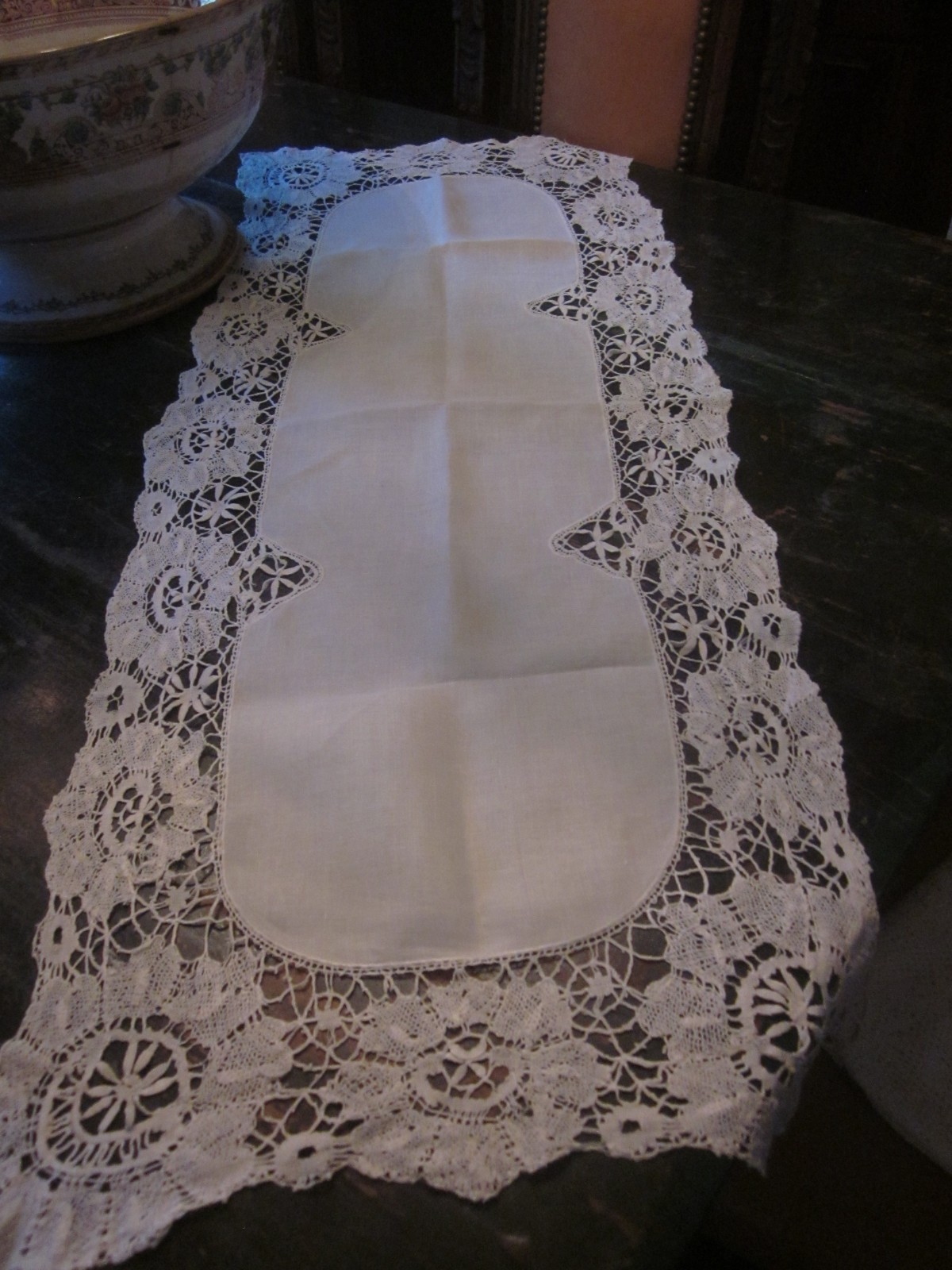 Crocheted edge table runner or dresser scarf 18" by 44"