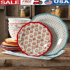 Timeless Floral Retro Dot 12-Piece Dinnerware Set Stoneware Dishwasher Safe New
