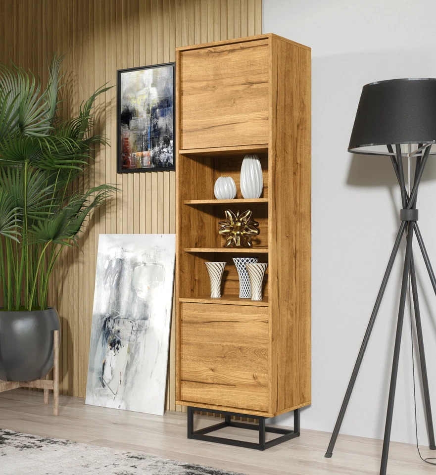 OLIVIA FURNITURE LTD 175cm Display Cabinet I Vintage Oak Sideboard Unit I Loft Retro Storage Style