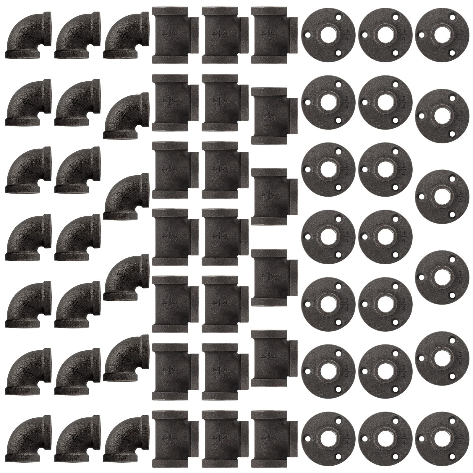 60 Pack 3/4 Inch Black Cast Iron Pipe Fittings Elbows Tees Flanges for Pipe