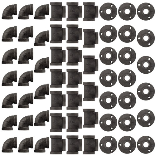 60 Pack 3/4 Inch Black Cast Iron Pipe Fittings Elbows Tees Flanges for Pipe