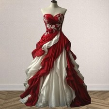Vintage Red Ivory Wedding Dresses Strapless Ruffle Ruched A-Line Bridal Gowns