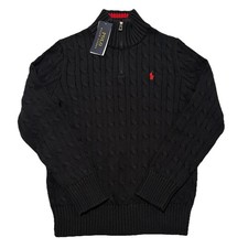 Polo Ralph Lauren Boy's 1/4 Zip Cable Knit Cotton Sweater Black Size 10/12 NWT