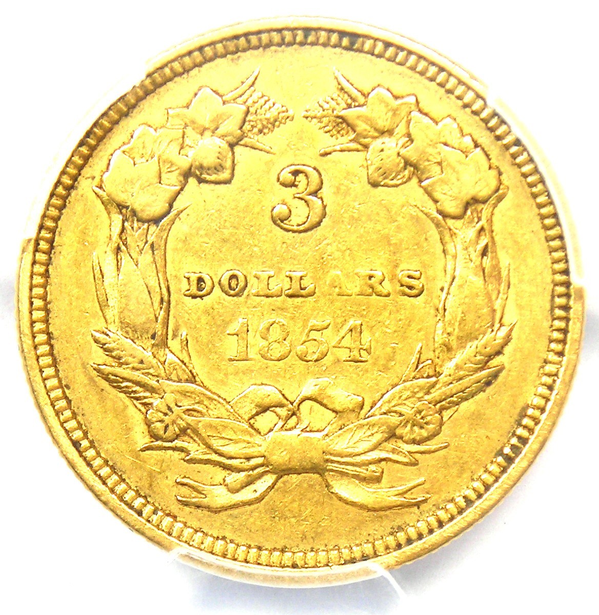 1854 Three Dollar Indian Gold Coin $3 - Certified PCGS AU Details - Rare Coin!