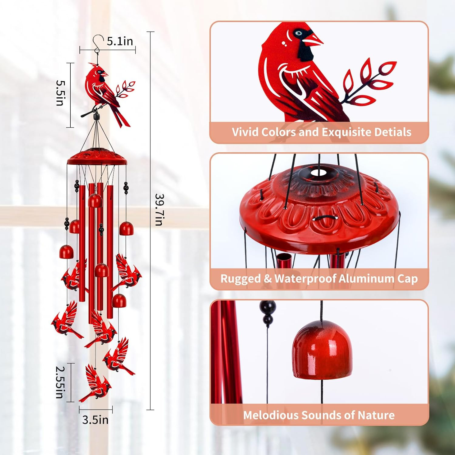 Large Cardinal Wind Chimes for Outdoor Decor - Memorial Gifts for Women