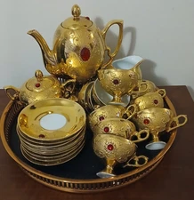 Vintage Flores Bavaria Coffee Set 22k Gold w/Red Stone and Tray - Serving (10)
