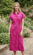 LRL Ralph Lauren Geo Print Shantung Tie Waist Dress 14 Fuchsia Multi Ikat Satin