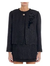 LANVIN Womens Black Fringed Top Snap Closure Party Open Front Jacket 36