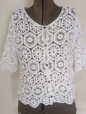 Women Crochet Granny Hexagon Cardigan Size L Cottagecore Twee Feminine Natural