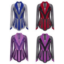 Women Bodysuit Rhinestone Dancewear Gymnastics Costume Contrast Color Dress