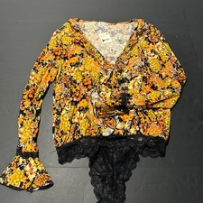 NEW Intimately Free People Floral Lace Trim Bodysuit Long Sleeve Top Small