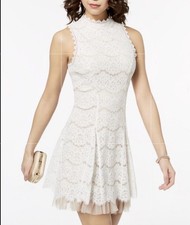 Francesca's Dress Lace Mock Neck Featuring Tulle Hemline Cream Sz Small
