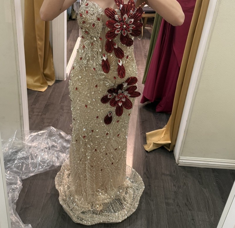 Beige and Red Strapless Formal Gown with Floral Embellishments and Appliqué